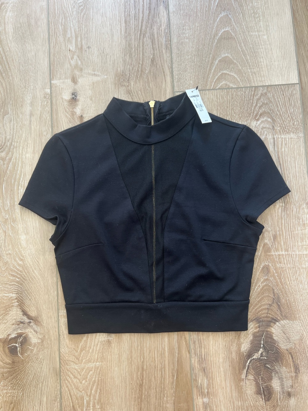 EXPRESS Black Short-Sleeve Mesh Zip-Back Crop Top